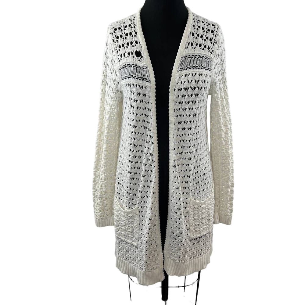 Anthropologie Far Away From Close White Cotton Open Knit Crochet Long Cardigan M